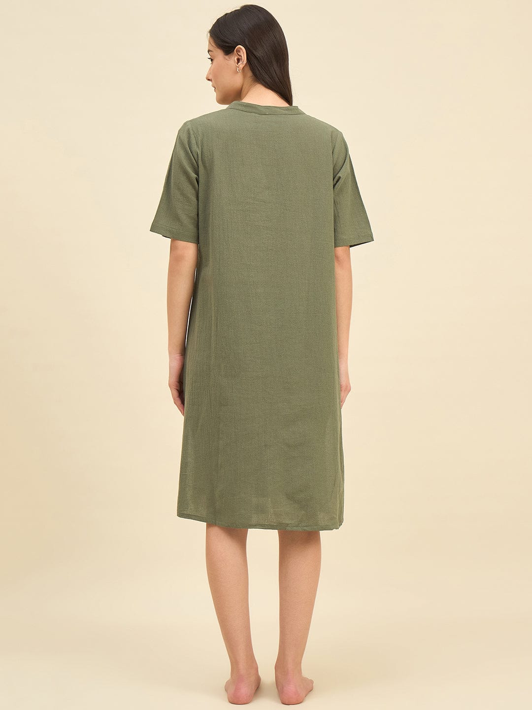 The Kaftan Company Nightdress Olive Cotton Nightdress with Embroidered Pocket