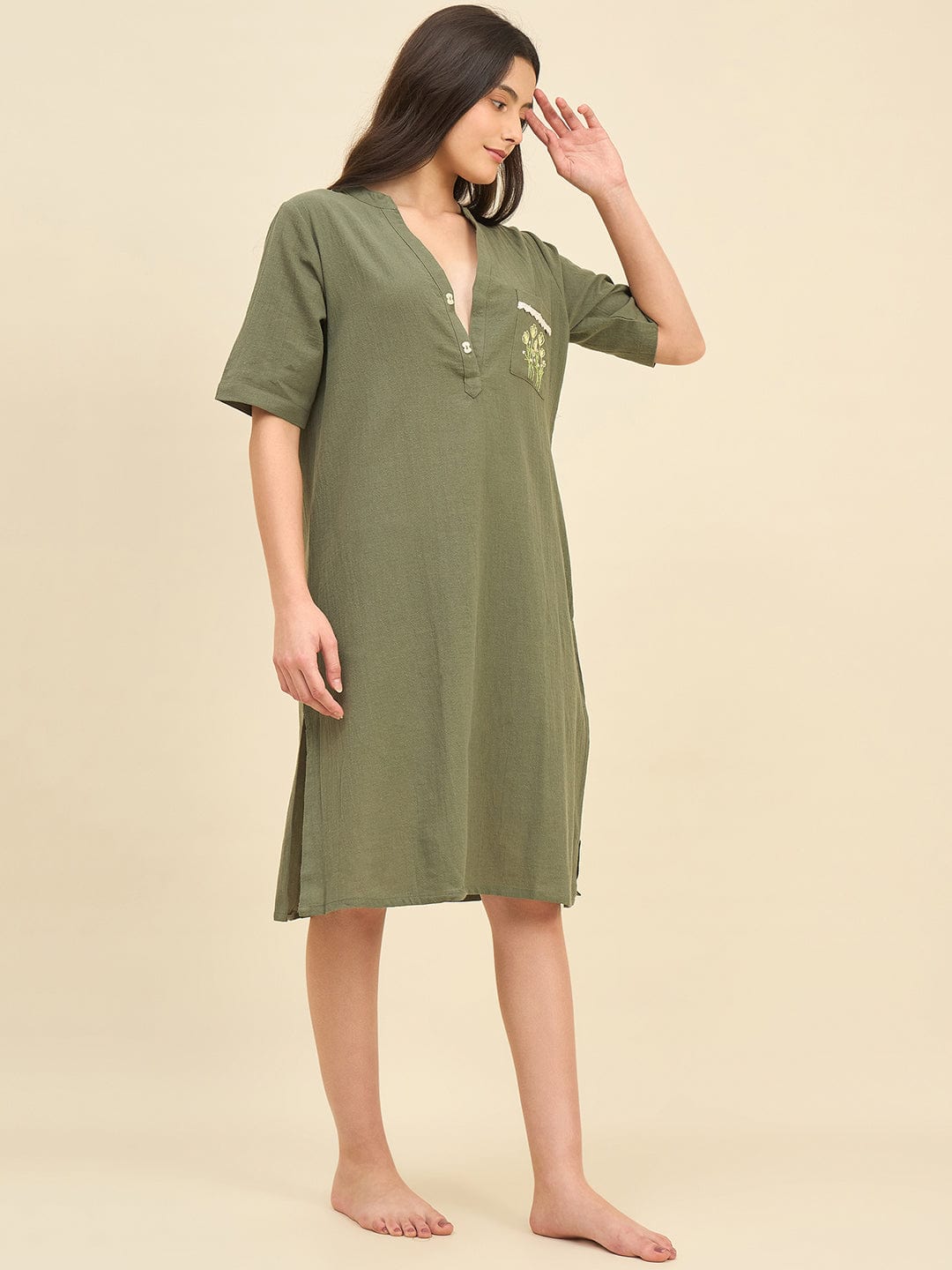 The Kaftan Company Nightdress Olive Cotton Nightdress with Embroidered Pocket