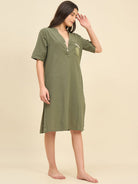 The Kaftan Company Nightdress Olive Cotton Nightdress with Embroidered Pocket