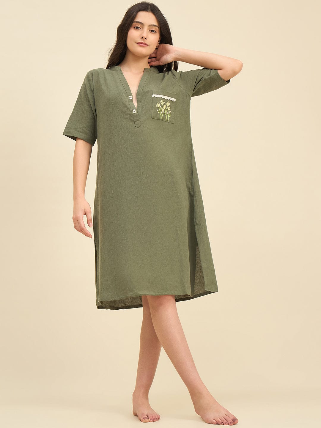 The Kaftan Company Nightdress Olive Cotton Nightdress with Embroidered Pocket