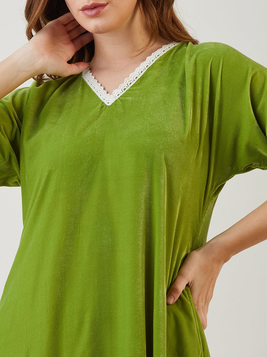 The Kaftan Company Nightdress Olive Green Velvet Nightdress with Lace Trim Neckline