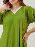 The Kaftan Company Nightdress Olive Green Velvet Nightdress with Lace Trim Neckline