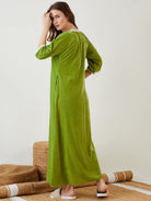 The Kaftan Company Nightdress Olive Green Velvet Nightdress with Lace Trim Neckline