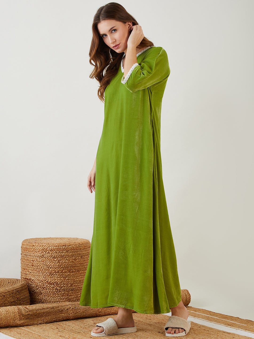 The Kaftan Company Nightdress Olive Green Velvet Nightdress with Lace Trim Neckline