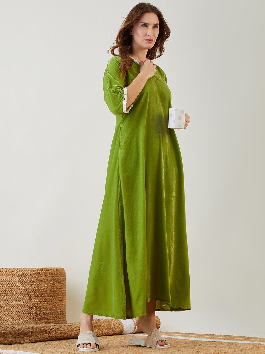 The Kaftan Company Nightdress Olive Green Velvet Nightdress with Lace Trim Neckline