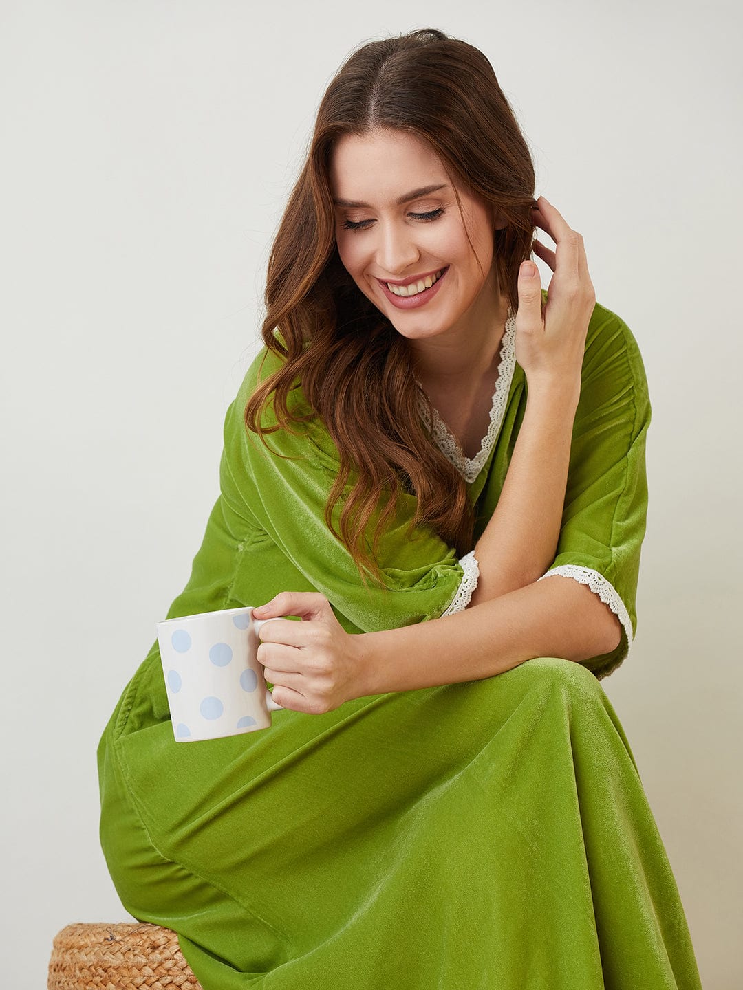 The Kaftan Company Nightdress Olive Green Velvet Nightdress with Lace Trim Neckline