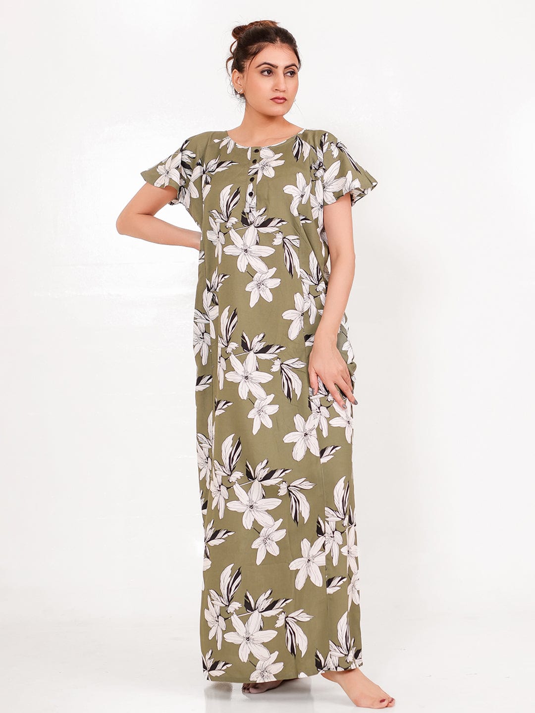 The Kaftan Company Nightdress Olive Viscose Rayon Nightdress – A-Line, Floral, Pockets
