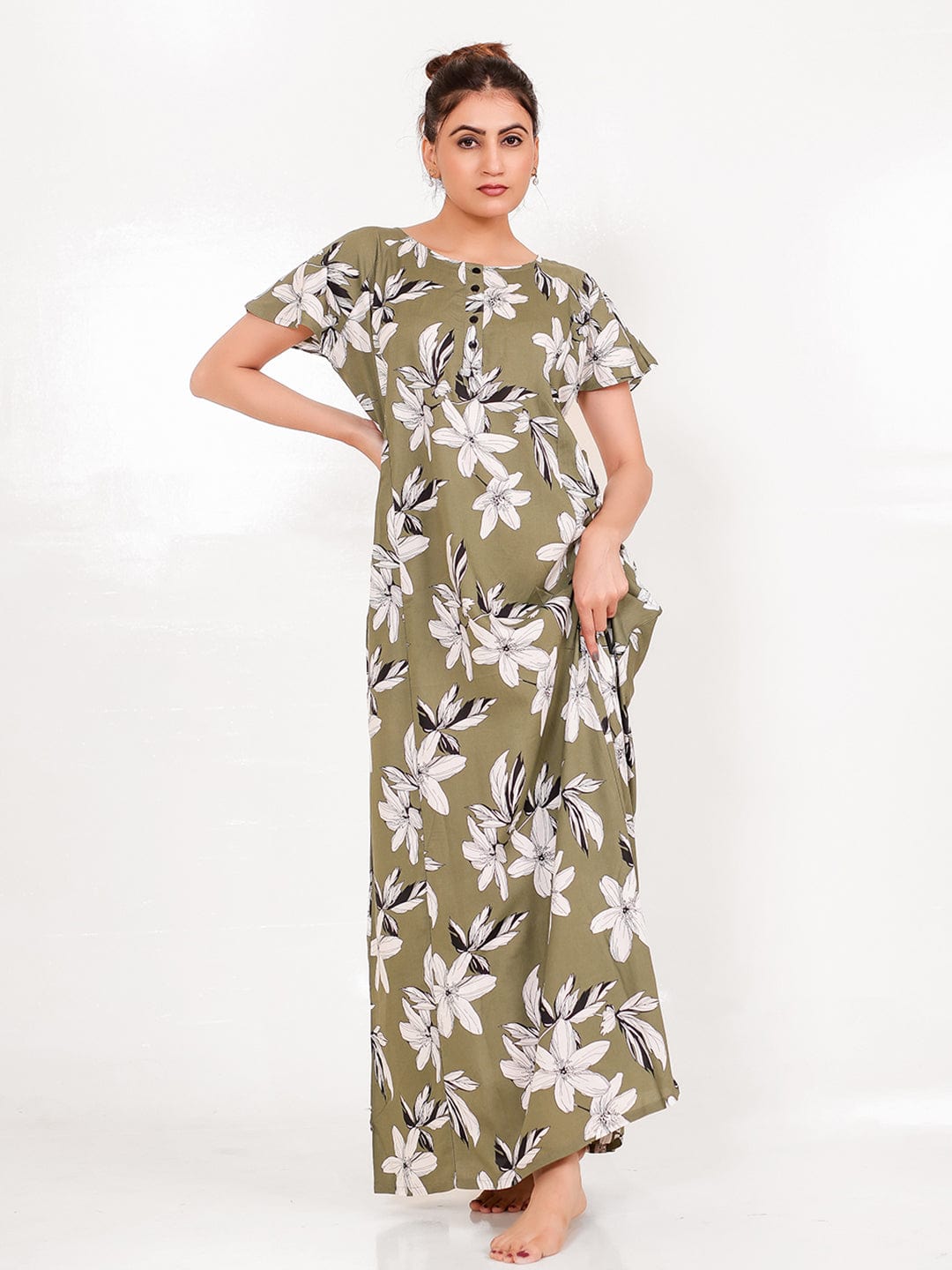 The Kaftan Company Nightdress Olive Viscose Rayon Nightdress – A-Line, Floral, Pockets