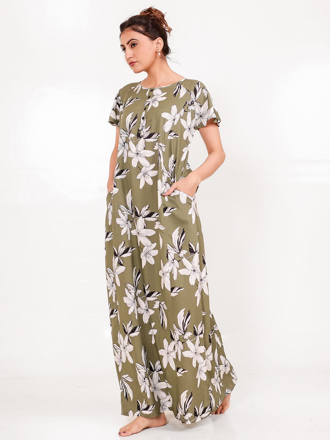 The Kaftan Company Nightdress Olive Viscose Rayon Nightdress – A-Line, Floral, Pockets