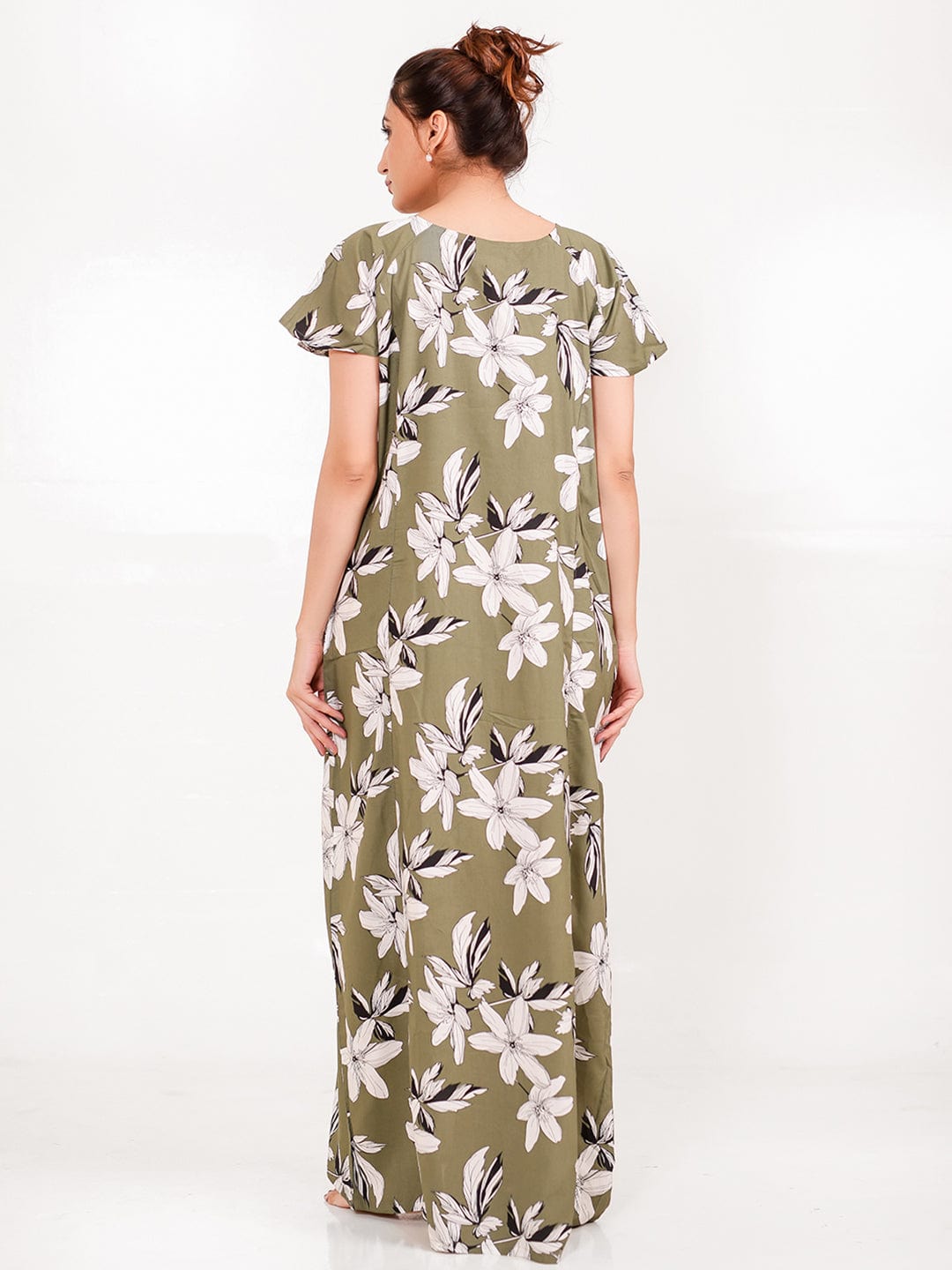 The Kaftan Company Nightdress Olive Viscose Rayon Nightdress – A-Line, Floral, Pockets