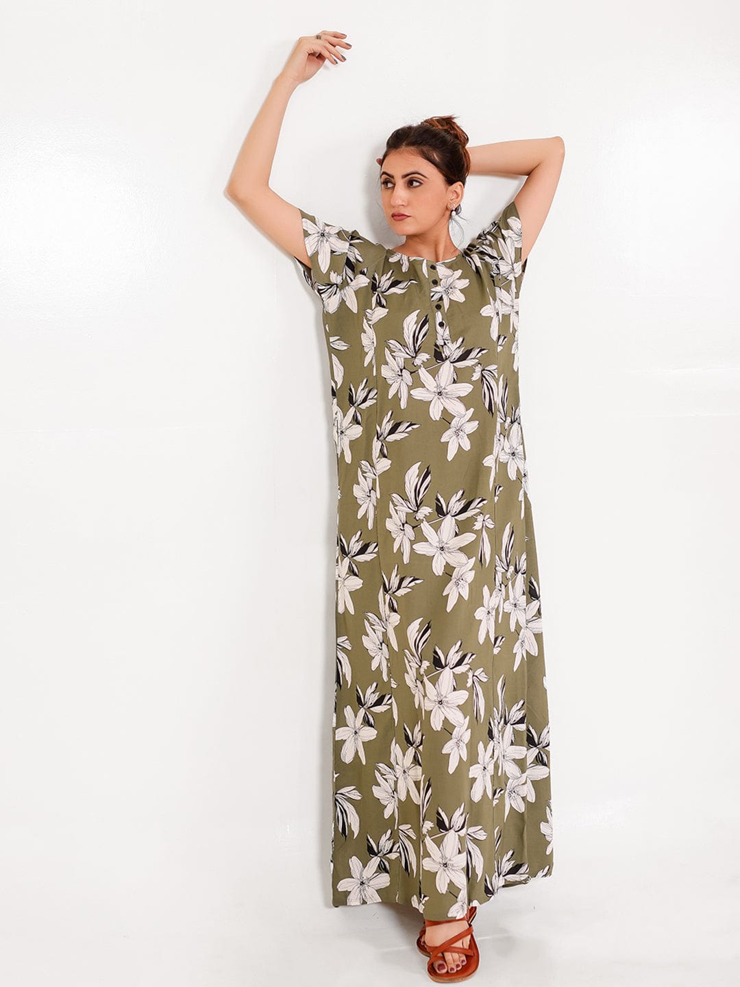 The Kaftan Company Nightdress Olive Viscose Rayon Nightdress – A-Line, Floral, Pockets