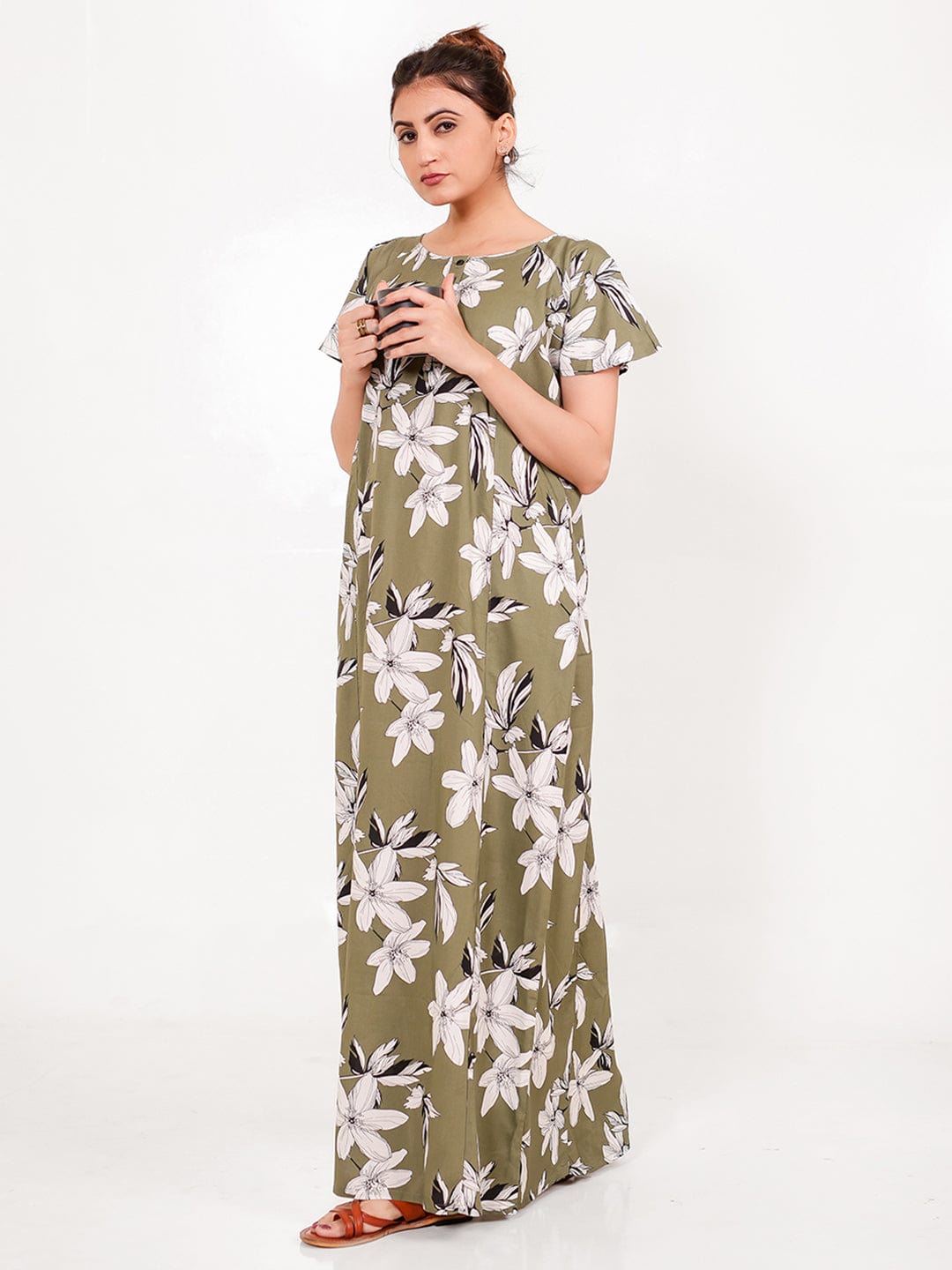 The Kaftan Company Nightdress Olive Viscose Rayon Nightdress – A-Line, Floral, Pockets