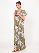 The Kaftan Company Nightdress Olive Viscose Rayon Nightdress – A-Line, Floral, Pockets