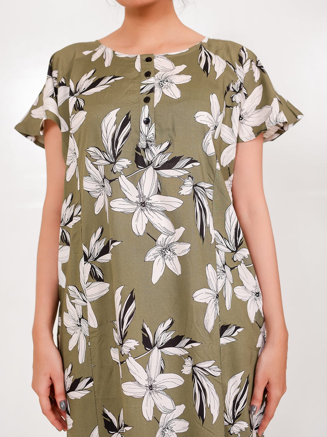 The Kaftan Company Nightdress Olive Viscose Rayon Nightdress – A-Line, Floral, Pockets
