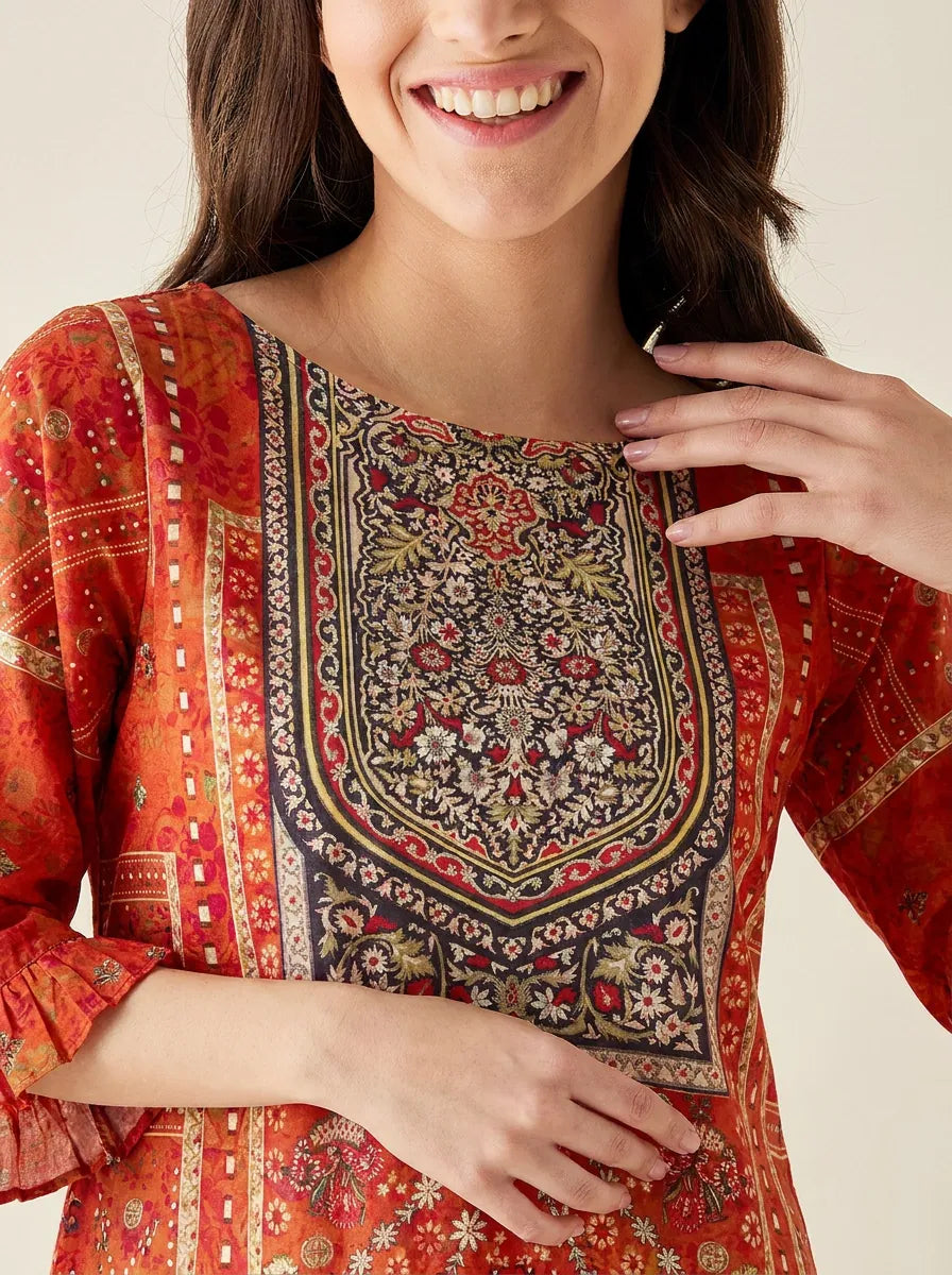 The Kaftan Company Nightdress Ornate Print Nightdress with Ruffle Sleeves and Eye Mask