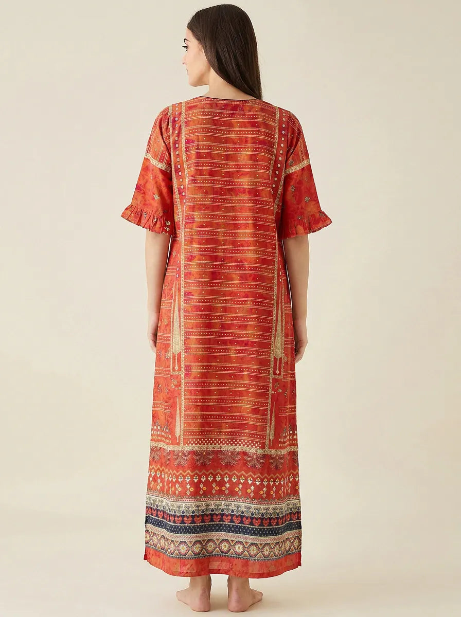 The Kaftan Company Nightdress Ornate Print Nightdress with Ruffle Sleeves and Eye Mask