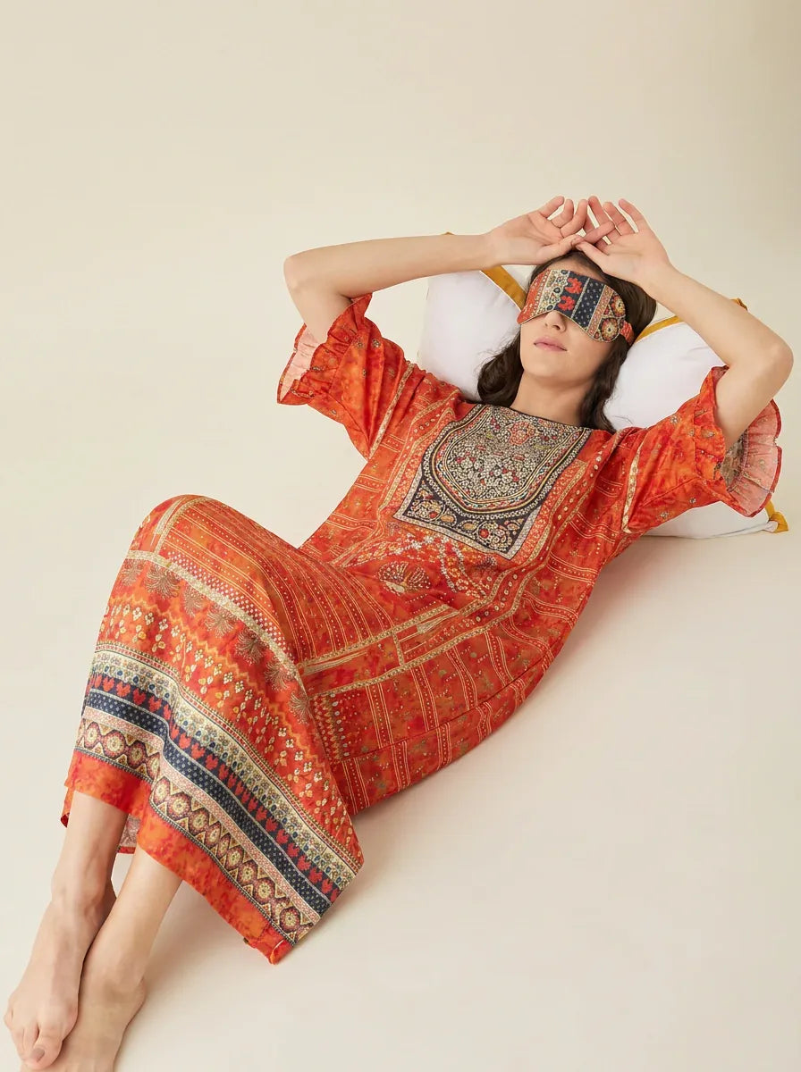 The Kaftan Company Nightdress Ornate Print Nightdress with Ruffle Sleeves and Eye Mask