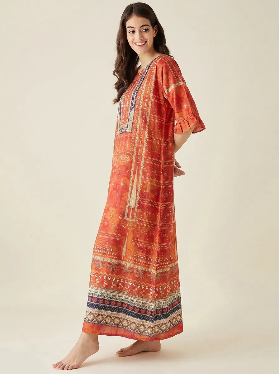 The Kaftan Company Nightdress Ornate Print Nightdress with Ruffle Sleeves and Eye Mask