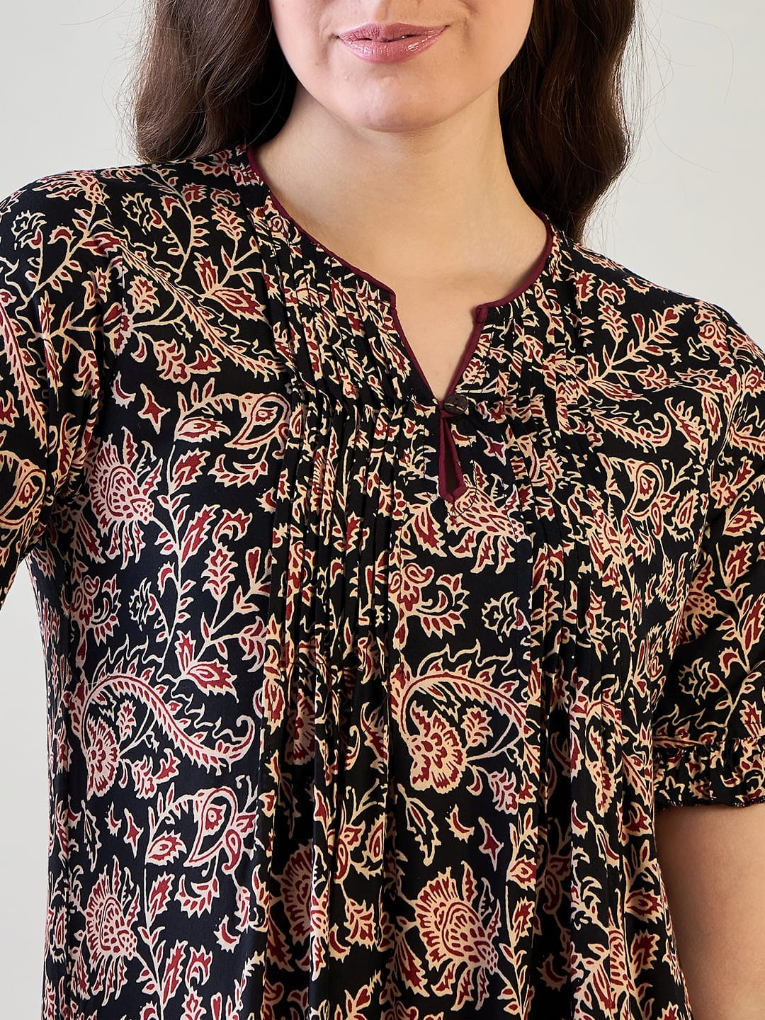 The Kaftan Company Nightdress Paisley Black and Red Pin Tucks Night Dress