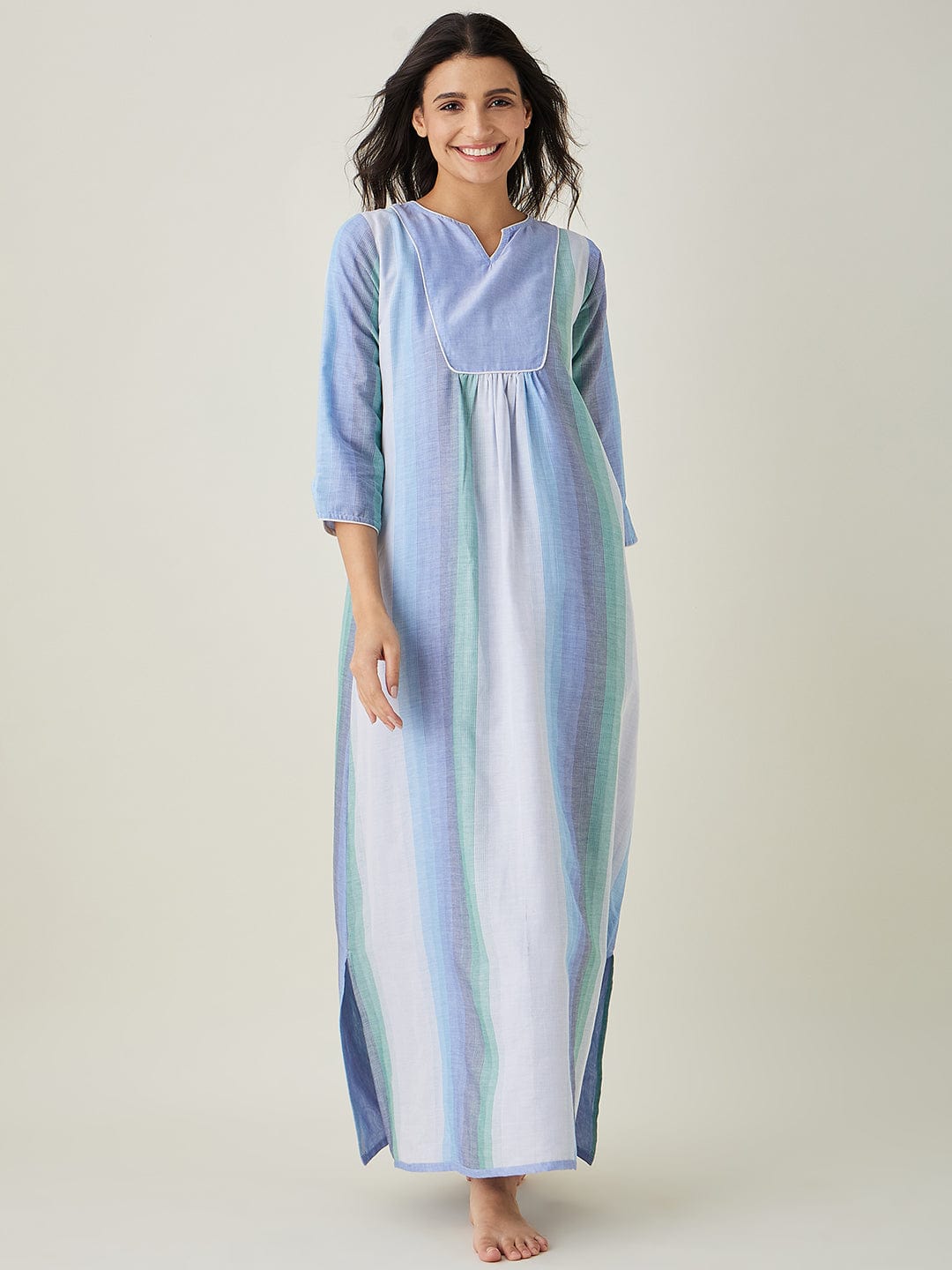 The Kaftan Company Nightdress Pastel Blue Striped Handloom Cotton Nightdress