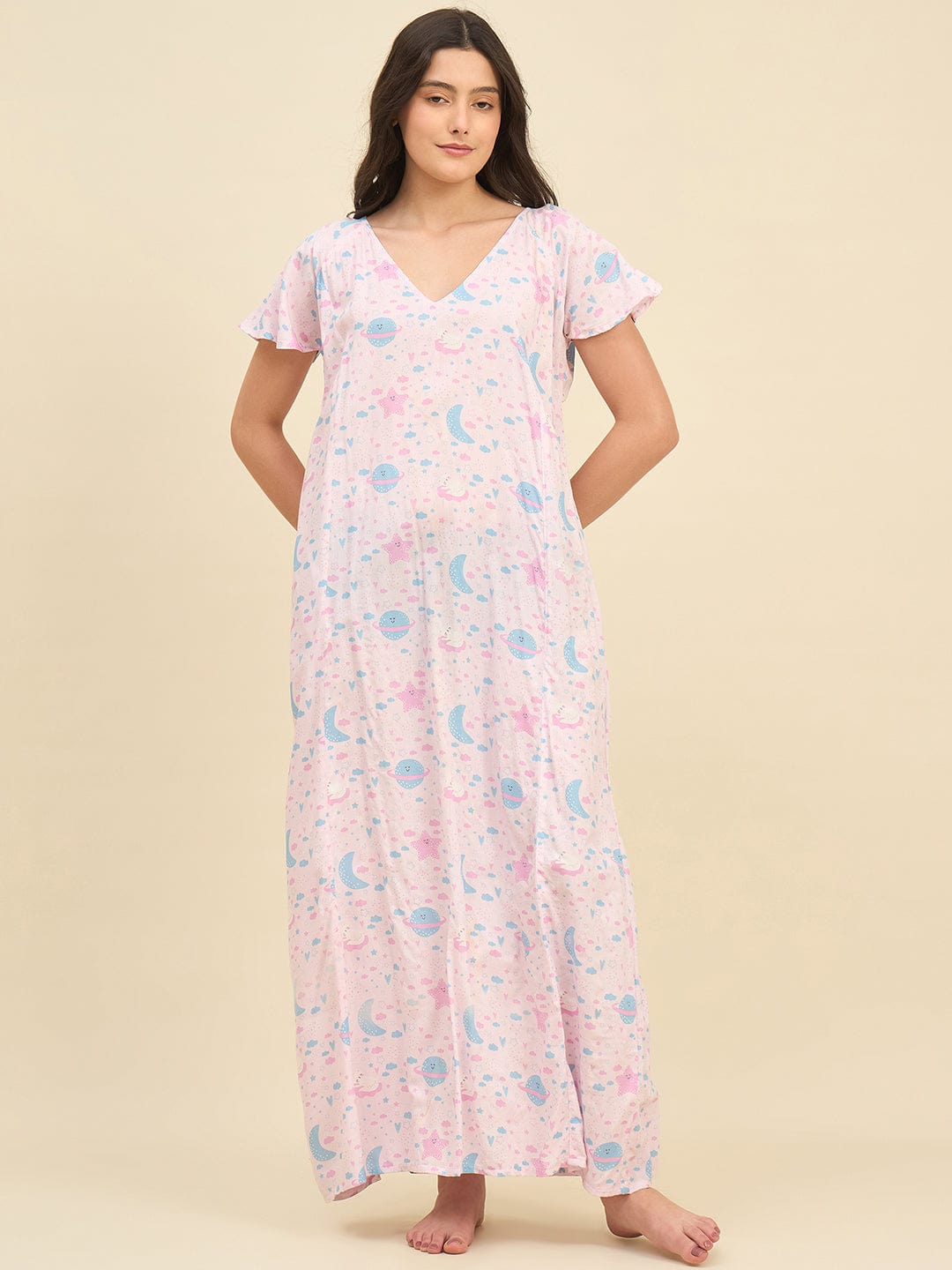 The Kaftan Company Nightdress Pastel Pink Viscose Rayon Nightdress with Cute Space Print