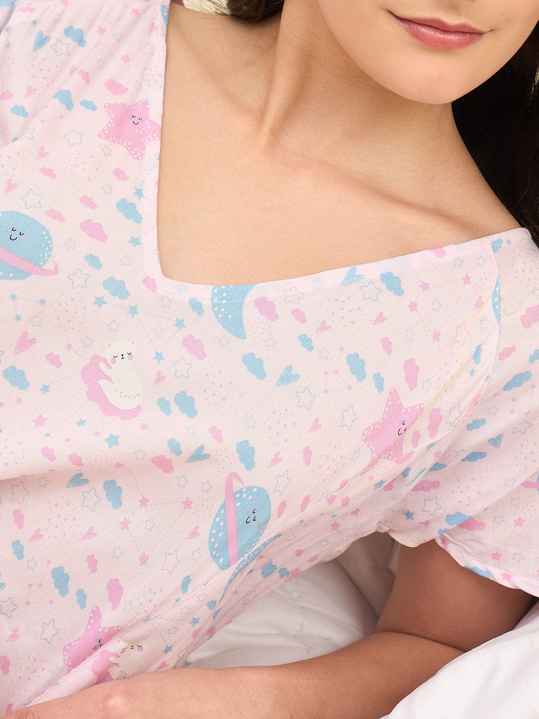 The Kaftan Company Nightdress Pastel Pink Viscose Rayon Nightdress with Cute Space Print