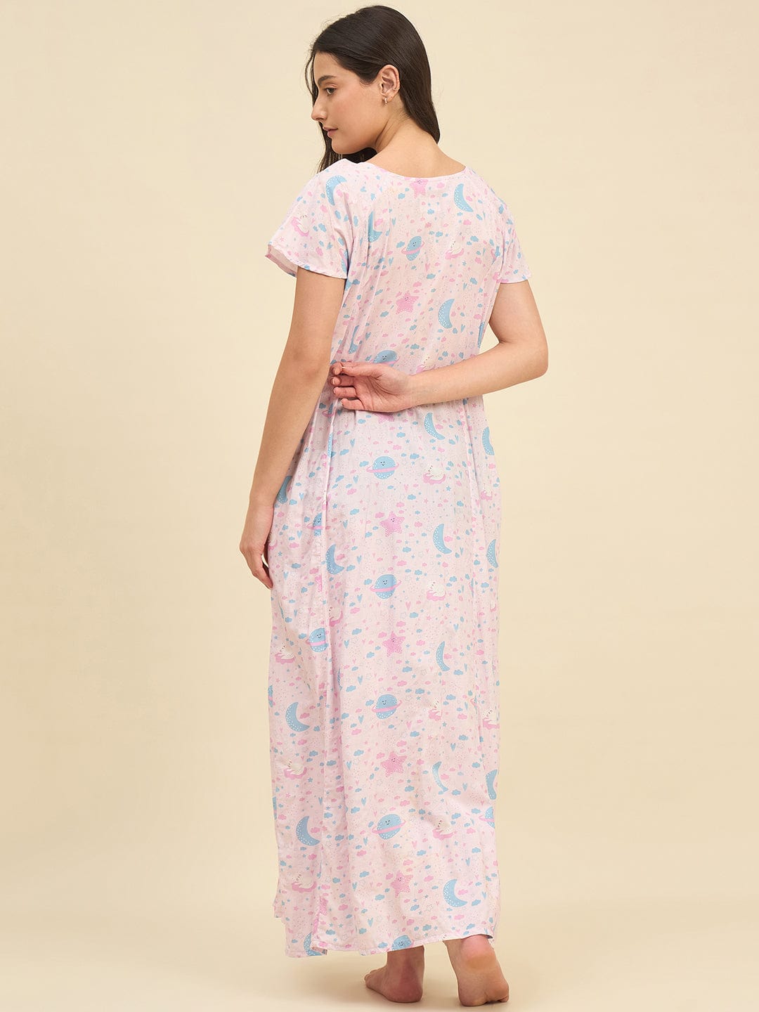 The Kaftan Company Nightdress Pastel Pink Viscose Rayon Nightdress with Cute Space Print