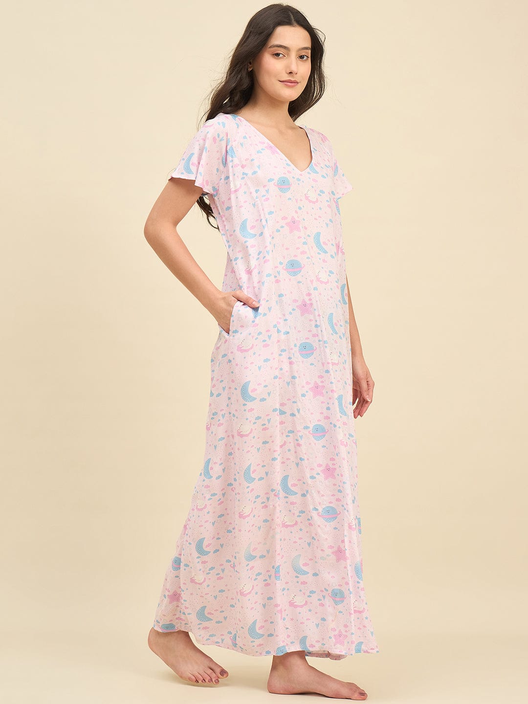 The Kaftan Company Nightdress Pastel Pink Viscose Rayon Nightdress with Cute Space Print