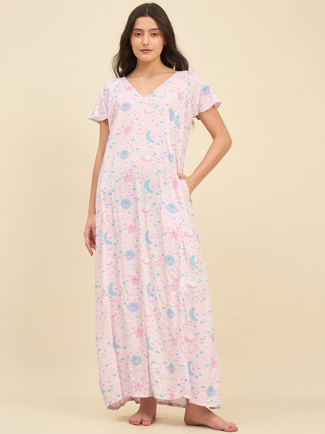 The Kaftan Company Nightdress Pastel Pink Viscose Rayon Nightdress with Cute Space Print