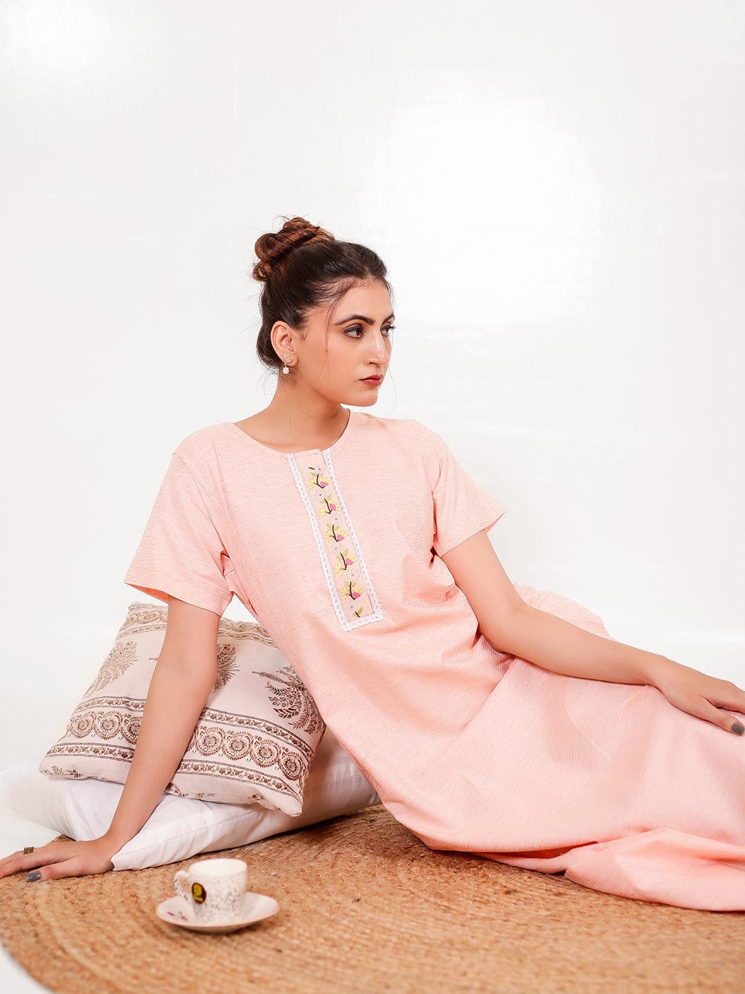The Kaftan Company Nightdress Peach Cotton-Viscose Nightdress – Embroidered Placket
