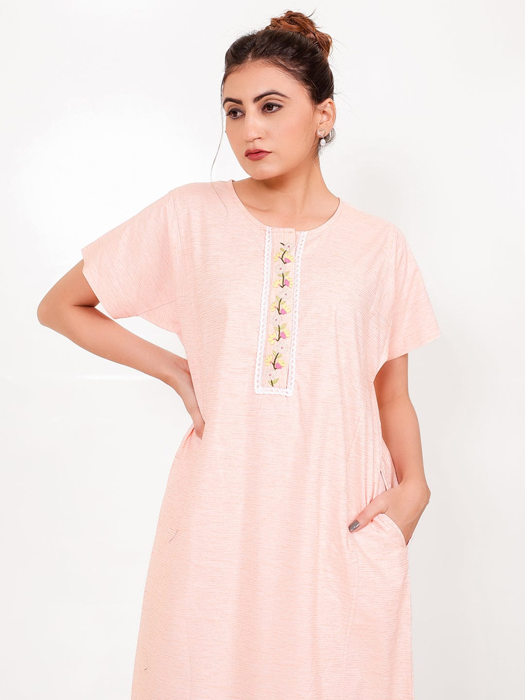 The Kaftan Company Nightdress Peach Cotton-Viscose Nightdress – Embroidered Placket