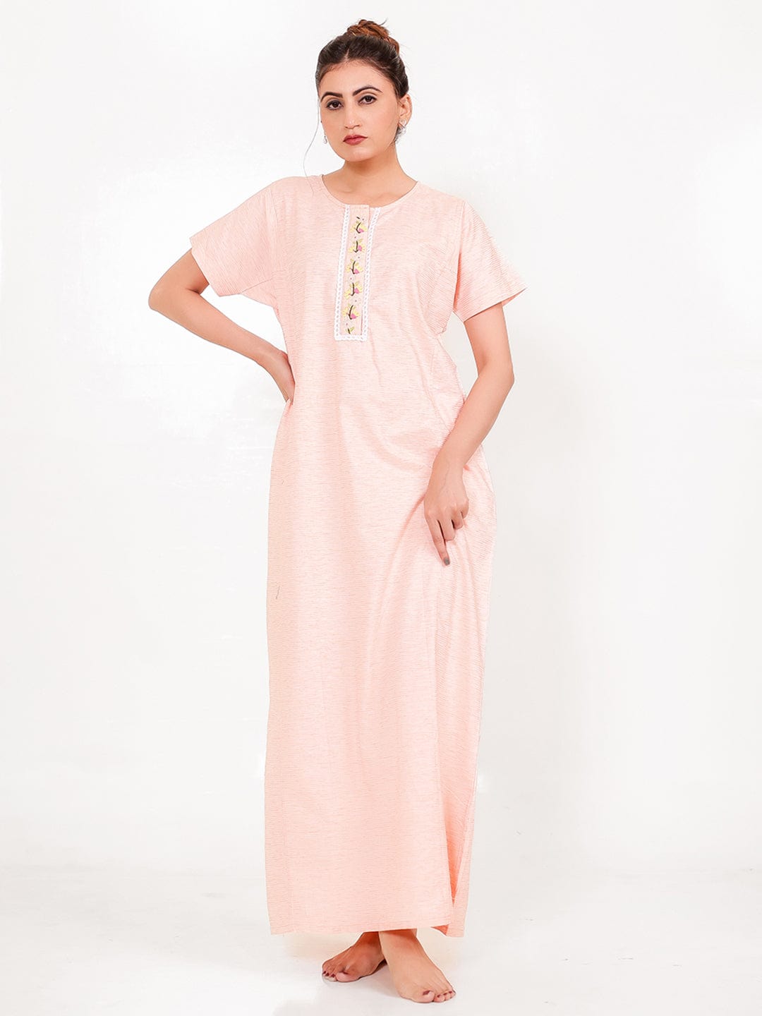 The Kaftan Company Nightdress Peach Cotton-Viscose Nightdress – Embroidered Placket