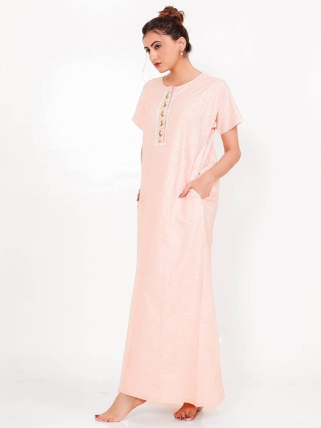 The Kaftan Company Nightdress Peach Cotton-Viscose Nightdress – Embroidered Placket