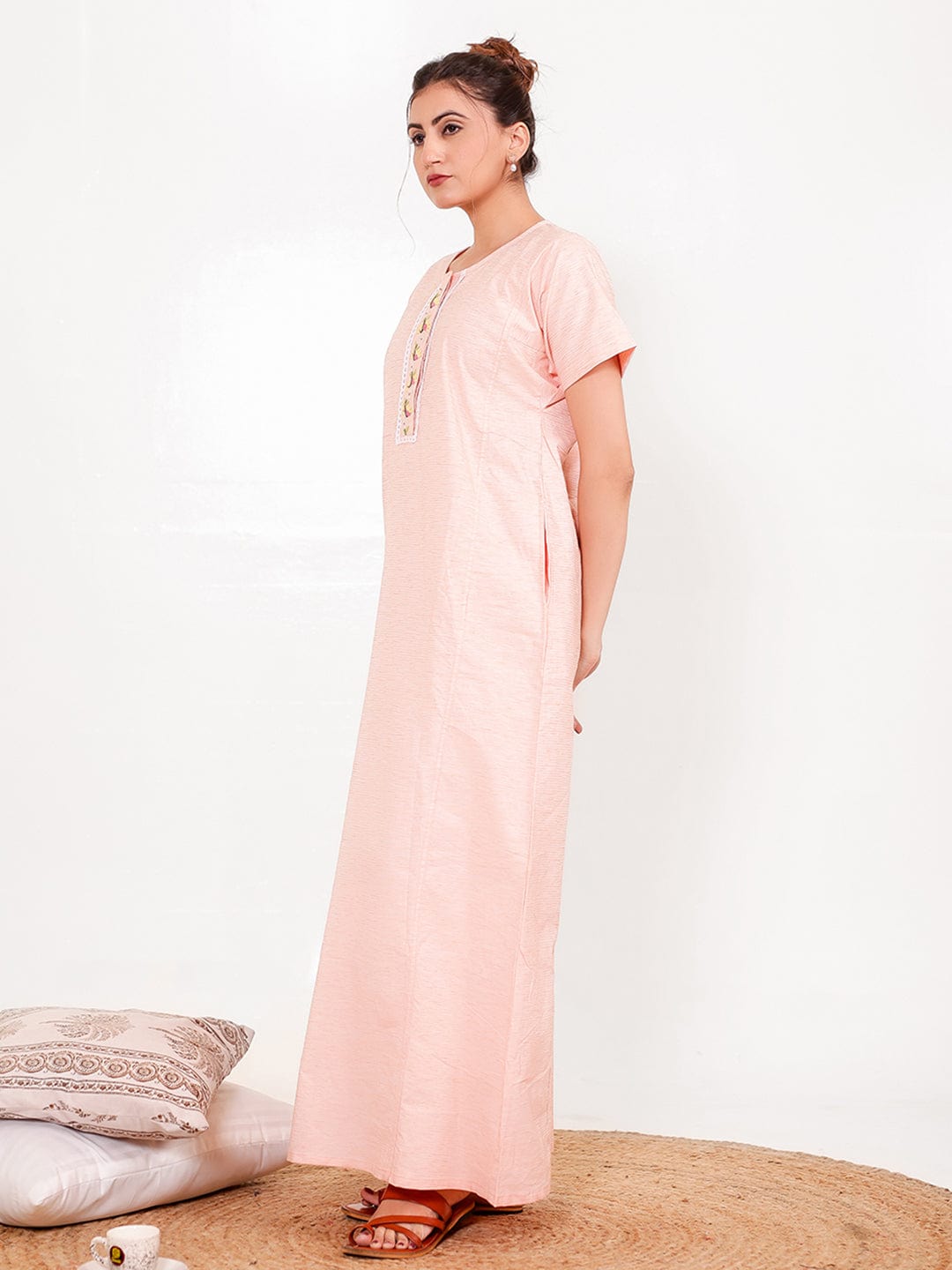 The Kaftan Company Nightdress Peach Cotton-Viscose Nightdress – Embroidered Placket