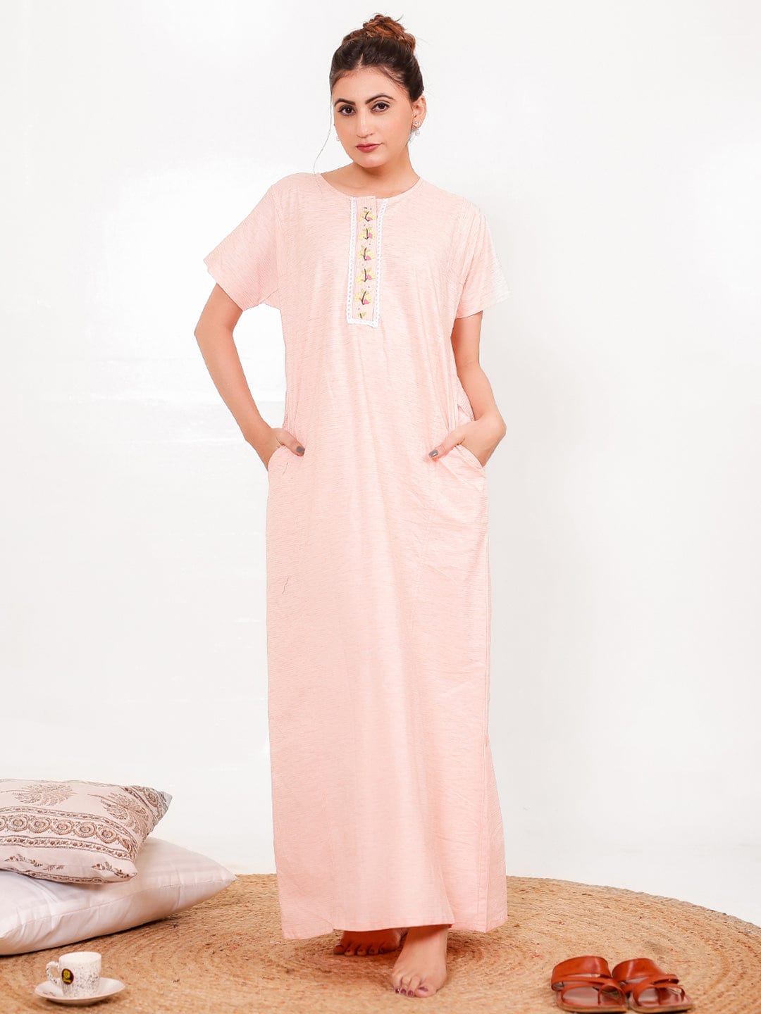 The Kaftan Company Nightdress Peach Cotton-Viscose Nightdress – Embroidered Placket