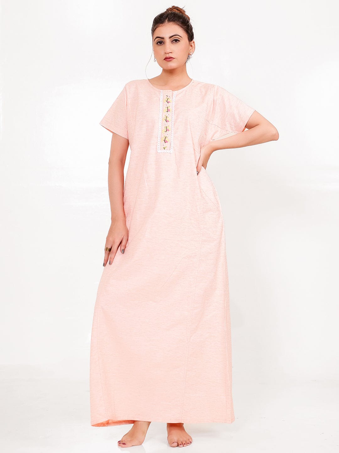 The Kaftan Company Nightdress Peach Cotton-Viscose Nightdress – Embroidered Placket