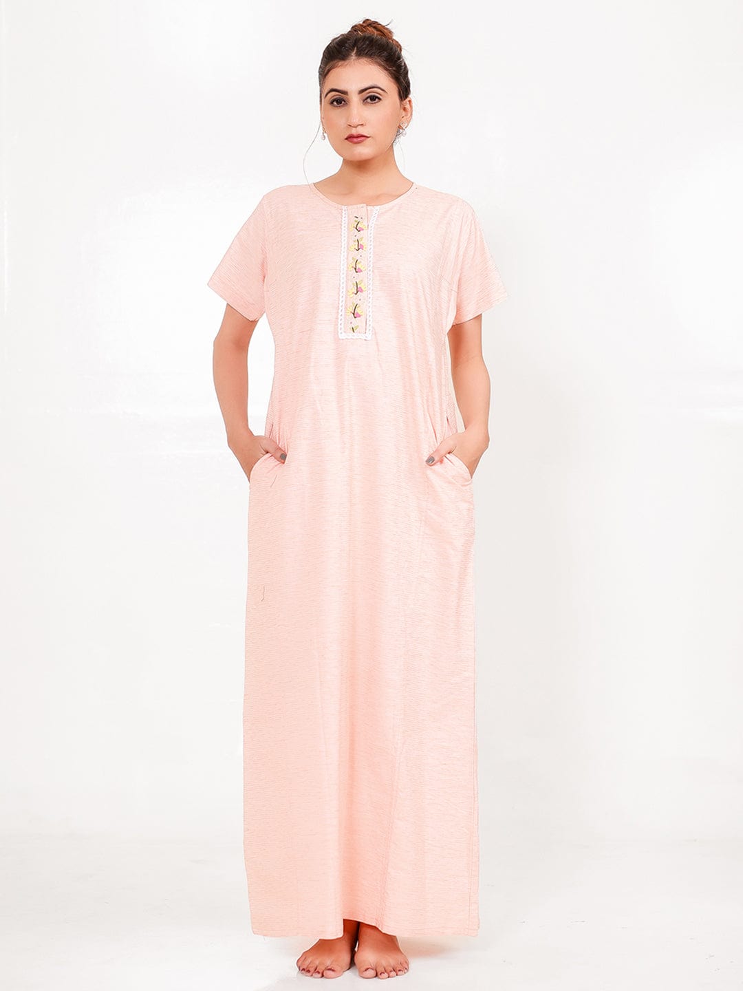 The Kaftan Company Nightdress Peach Cotton-Viscose Nightdress – Embroidered Placket