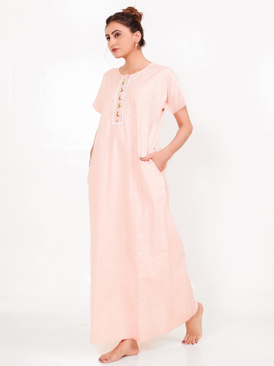 The Kaftan Company Nightdress Peach Cotton-Viscose Nightdress – Embroidered Placket