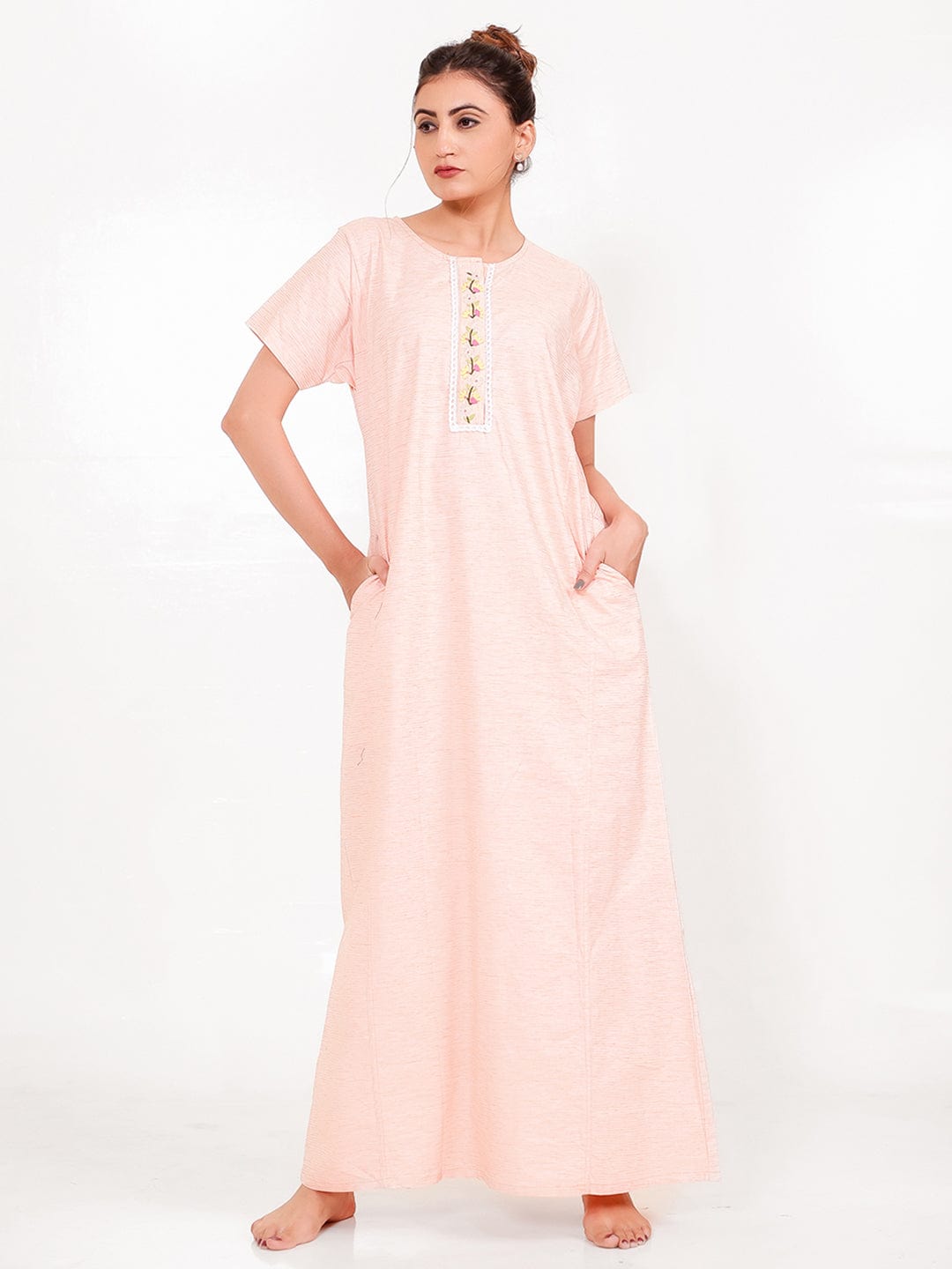 The Kaftan Company Nightdress Peach Cotton-Viscose Nightdress – Embroidered Placket