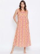 The Kaftan Company Nightdress Peach Multicolour Print Sleeveless Nightdress with Pockets