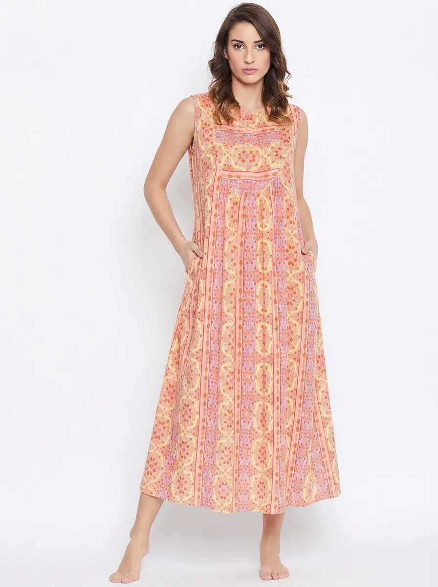 The Kaftan Company Nightdress Peach Multicolour Print Sleeveless Nightdress with Pockets