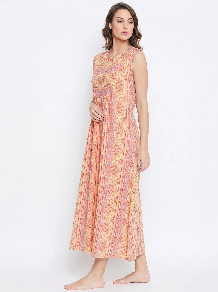 The Kaftan Company Nightdress Peach Multicolour Print Sleeveless Nightdress with Pockets