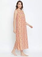 The Kaftan Company Nightdress Peach Multicolour Print Sleeveless Nightdress with Pockets