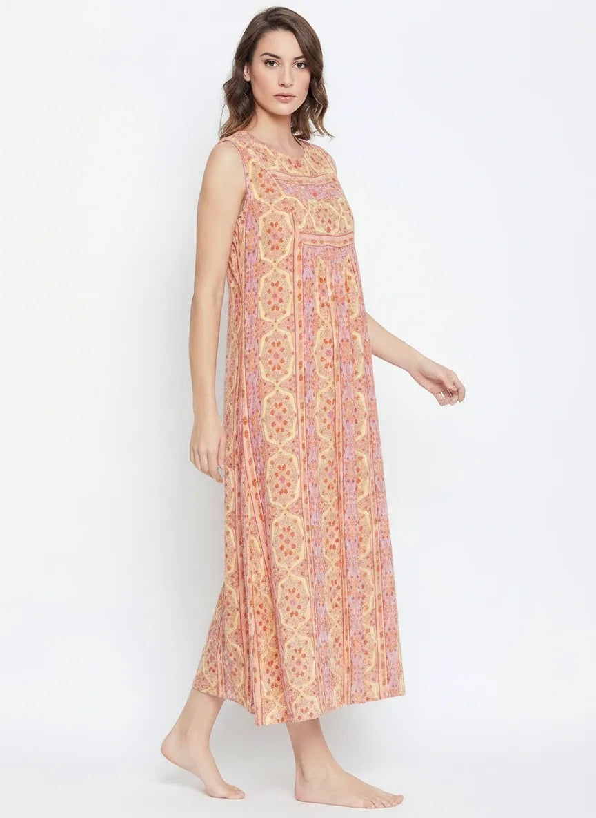 The Kaftan Company Nightdress Peach Multicolour Print Sleeveless Nightdress with Pockets