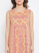 The Kaftan Company Nightdress Peach Multicolour Print Sleeveless Nightdress with Pockets