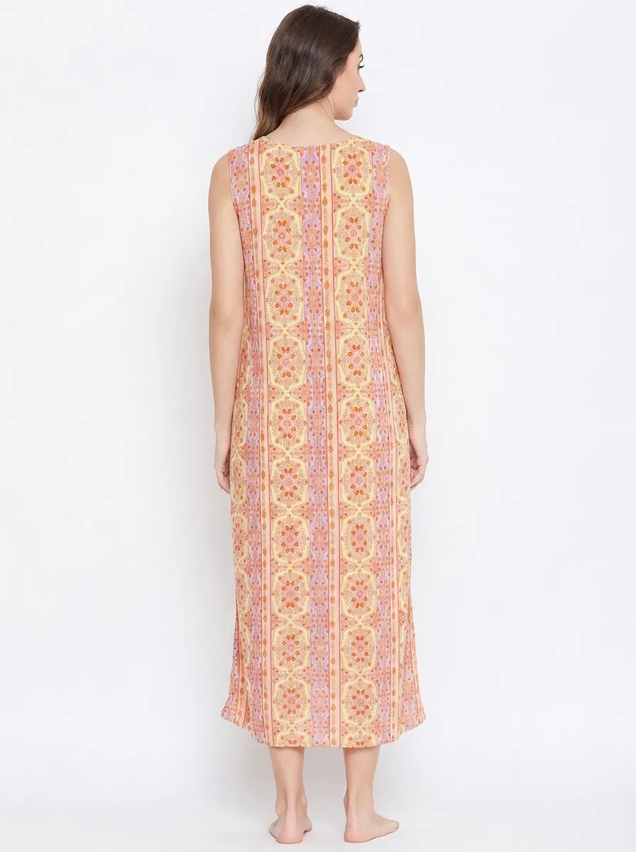 The Kaftan Company Nightdress Peach Multicolour Print Sleeveless Nightdress with Pockets