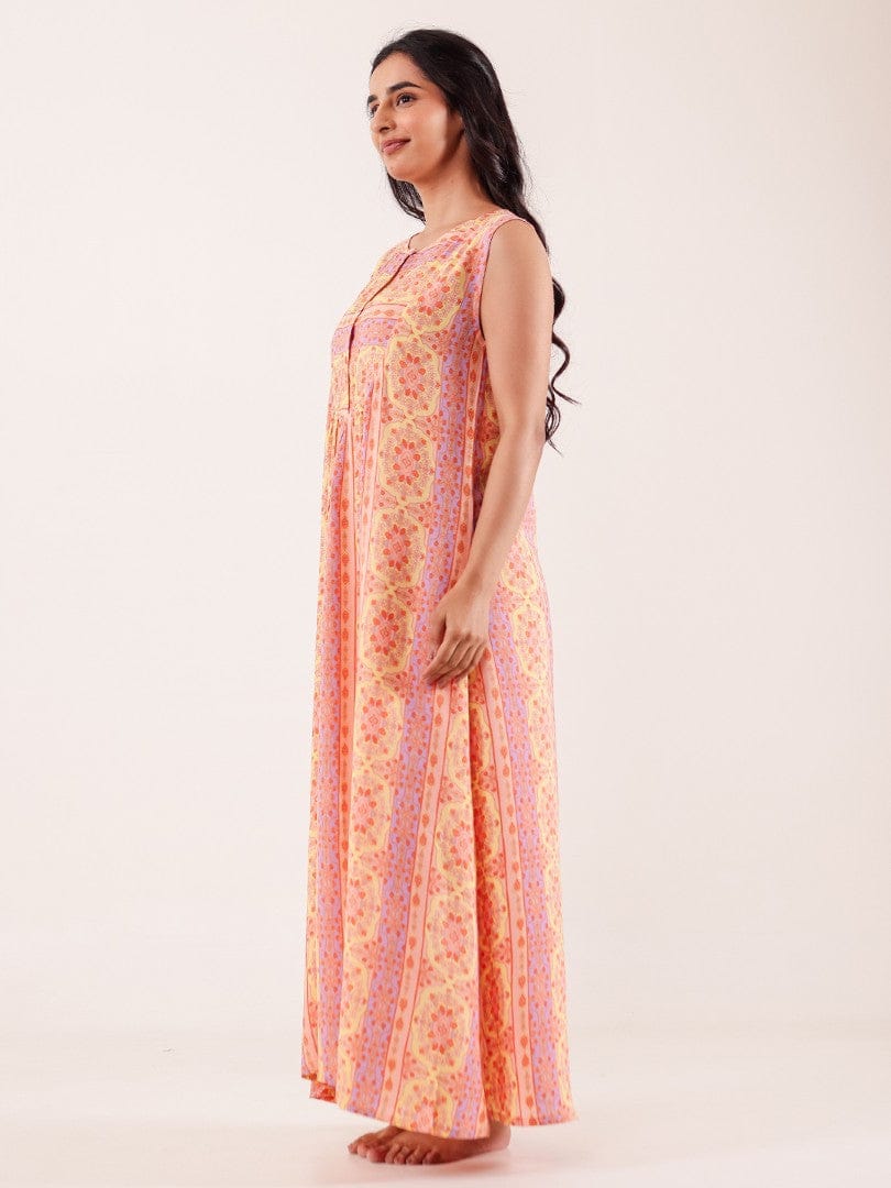 The Kaftan Company Nightdress Peach Printed Viscose Crepe Nightdress