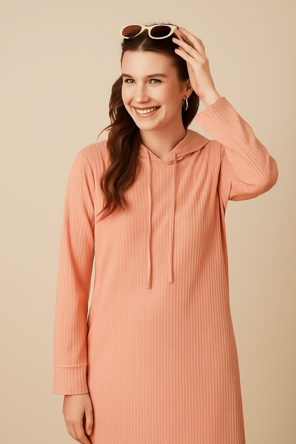 The Kaftan Company Nightdress Peach Ribbed Hoodie Nightdress with Pockets