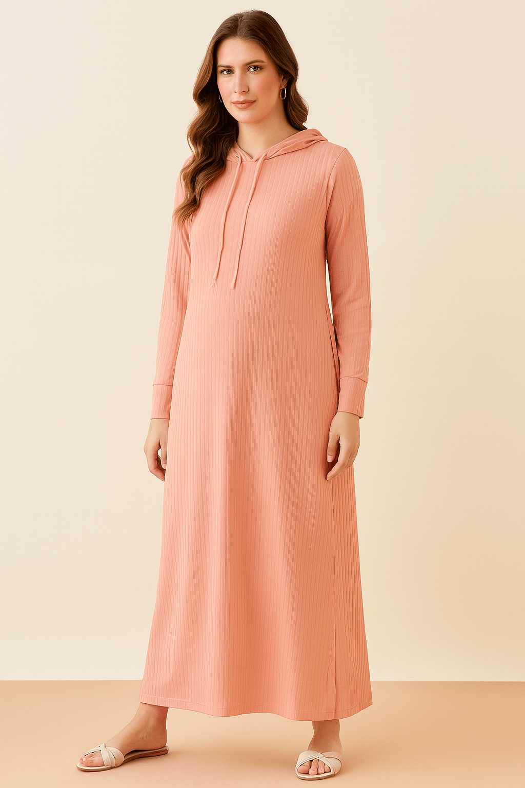 Peach Ribbed Hoodie Nightdress with Pockets XL