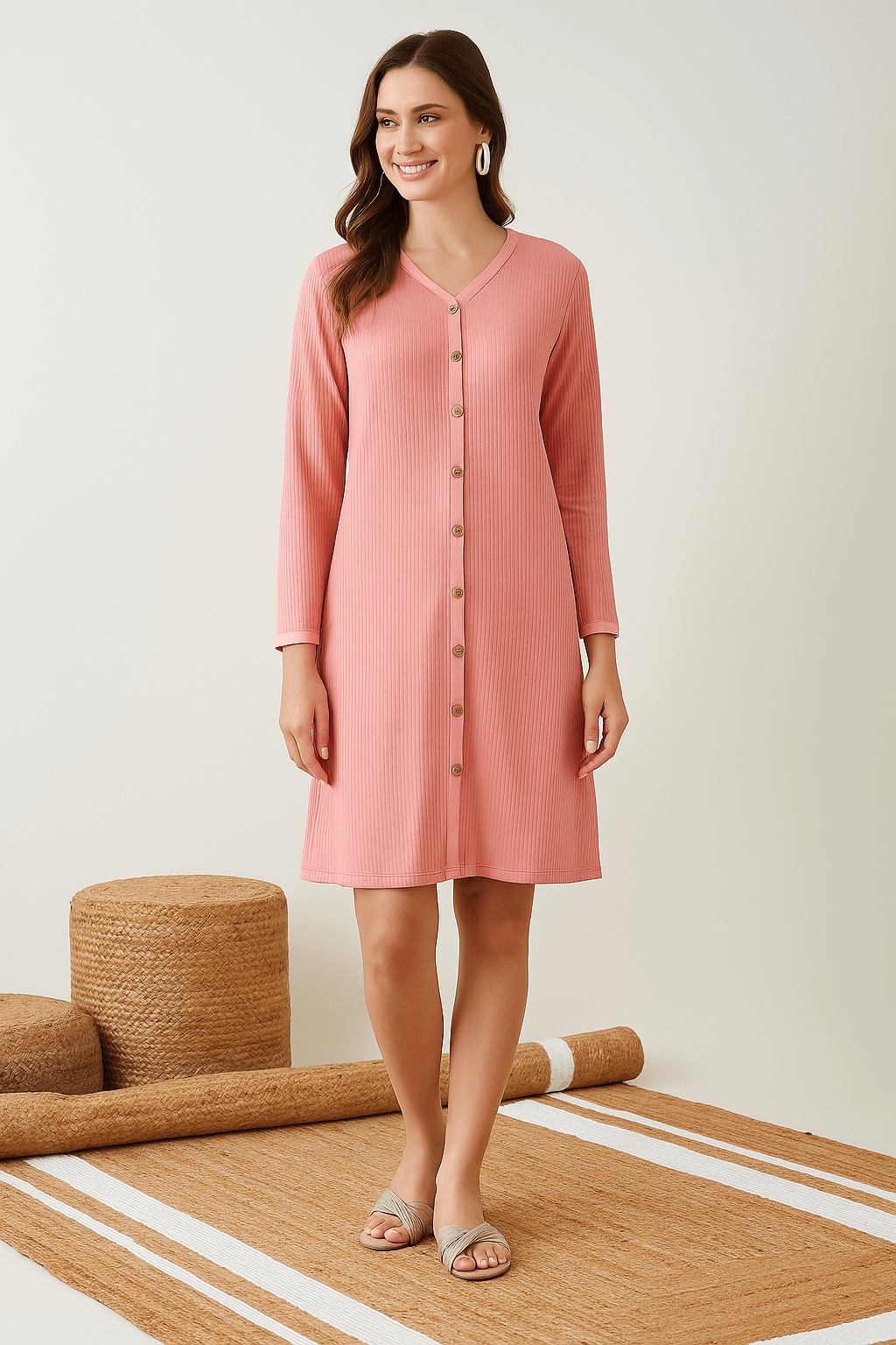 The Kaftan Company Nightdress Peach Ribbed Nightdress with Button-Down Front